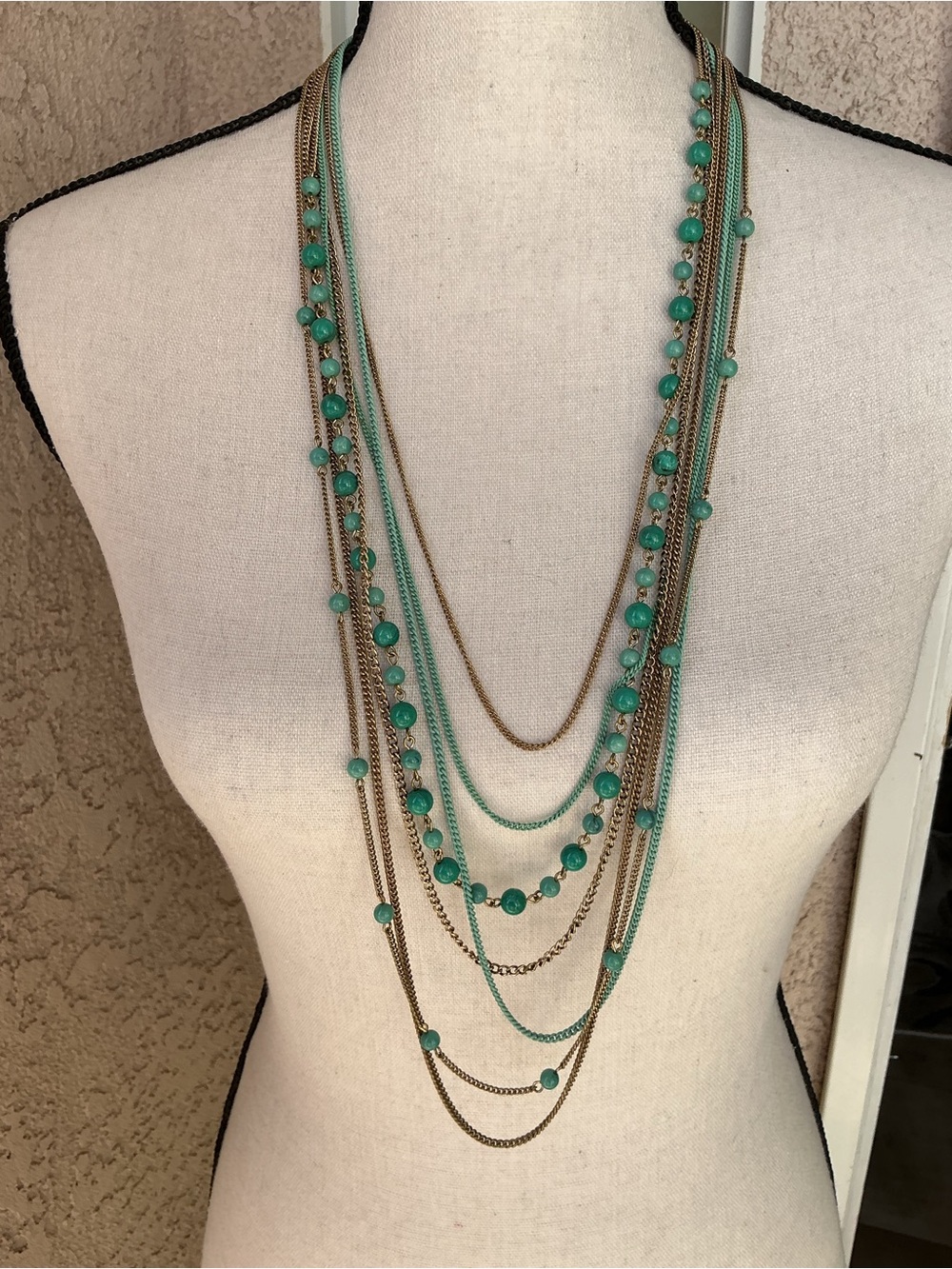 Multi - strand layered silver tone aqua / green (color) bead necklace